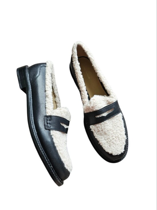 Ann Taylor Shoes - Ann Taylor Black Trim Cream Sherpa Leather Penny Loafers Size 9.5